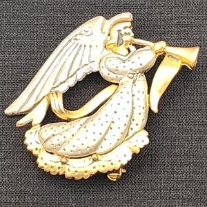 Vintage 2 Tone Angel Horn Christmas Signed Danecraft 1980-90s Brooch/ Pin